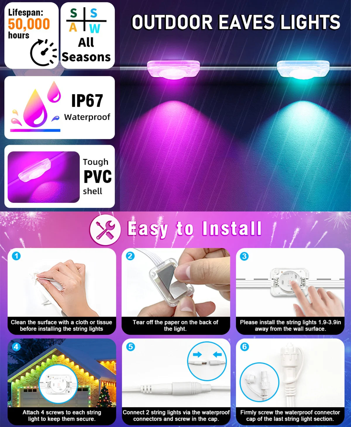 Guirlande lumineuse LED RGB intelligente de 60 m pour avant-toit, application et télécommande, IP67, éclairage extérieur permanent pour la maison, les fêtes de fin d'année, Noël, les anniversaires, etc. - Idéale pour