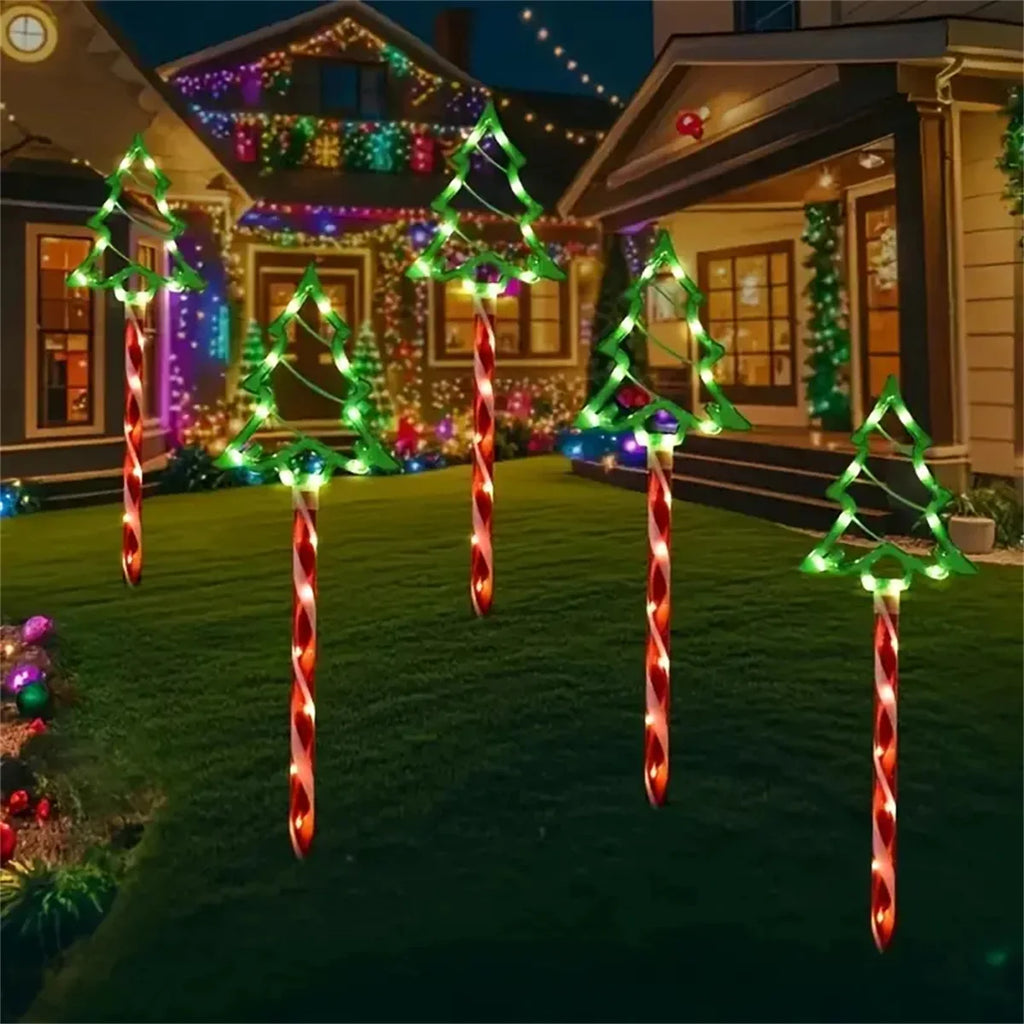 5 pièce/ensemble solaire arbre de noël bonbons lumière extérieure étanche 8 Modes monté au sol chaîne lumineuse jardin cour décor de noël