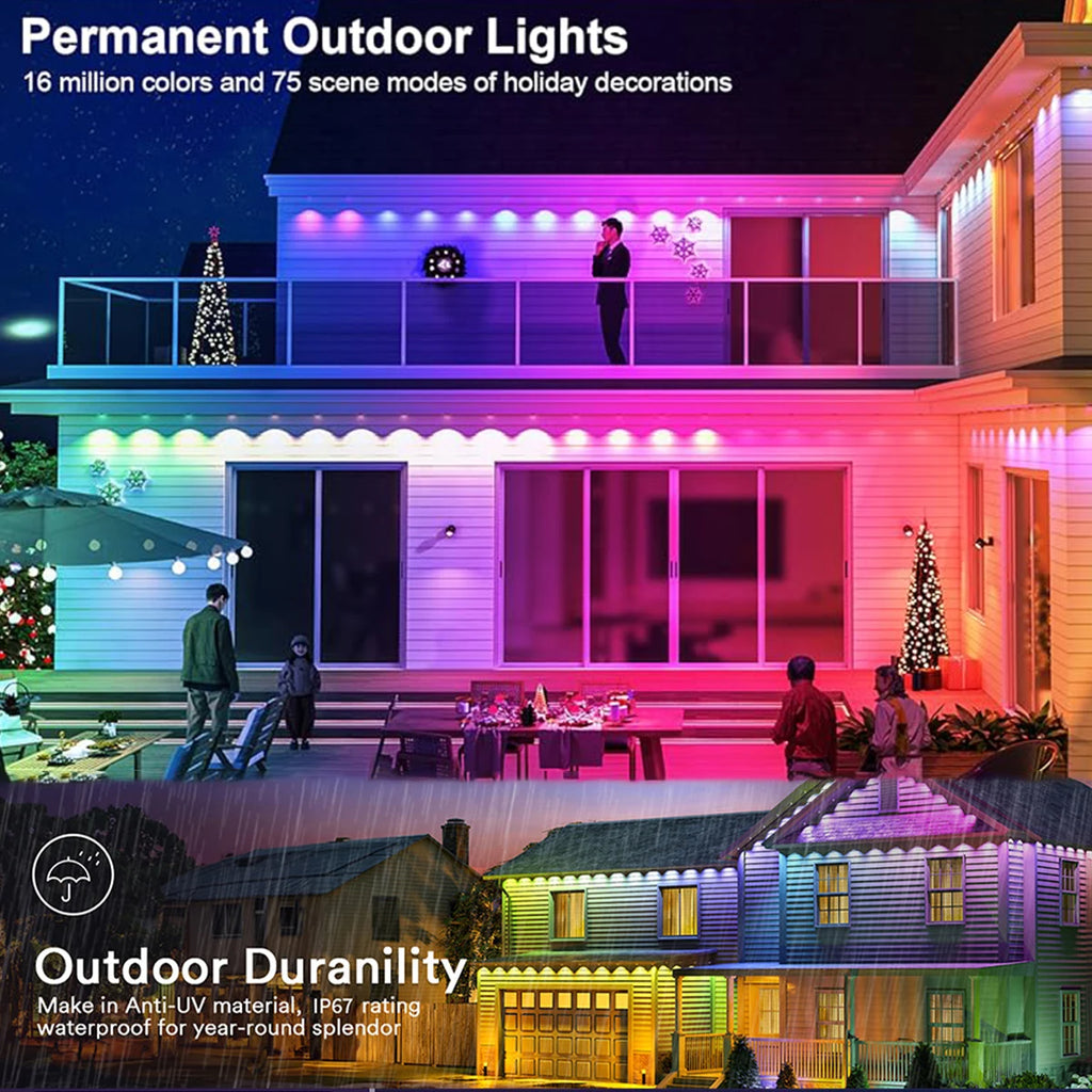 Guirlande lumineuse LED RGB intelligente de 60 m pour avant-toit, application et télécommande, IP67, éclairage extérieur permanent pour la maison, les fêtes de fin d'année, Noël, les anniversaires, etc. - Idéale pour