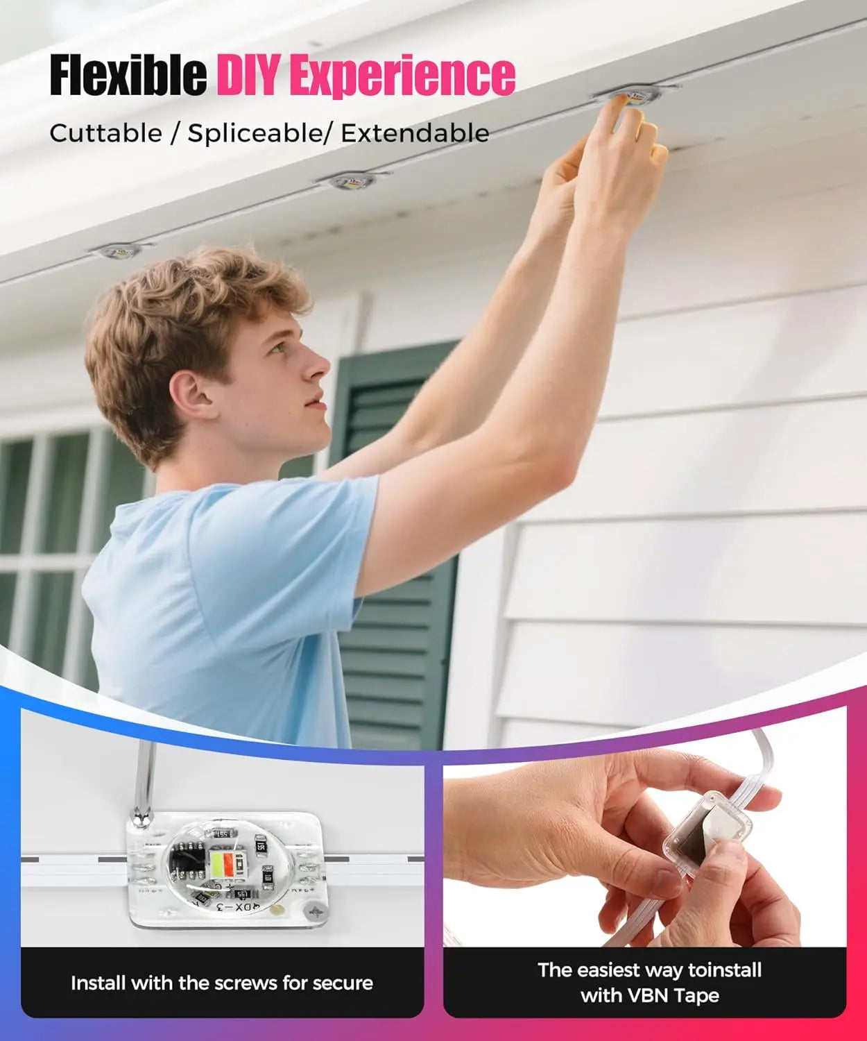 Guirlande lumineuse LED RGB intelligente de 60 m pour avant-toit, application et télécommande, IP67, éclairage extérieur permanent pour la maison, les fêtes de fin d'année, Noël, les anniversaires, etc. - Idéale pour