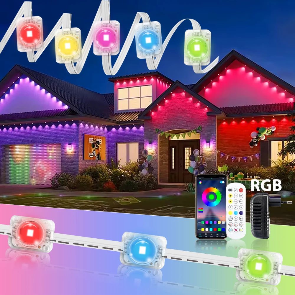 Guirlande lumineuse LED RGB intelligente de 60 m pour avant-toit, application et télécommande, IP67, éclairage extérieur permanent pour la maison, les fêtes de fin d'année, Noël, les anniversaires, etc. - Idéale pour