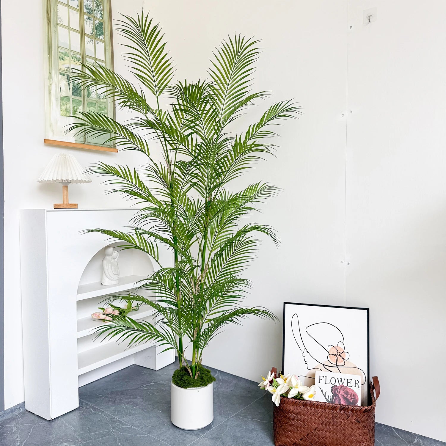 Branche de palmier artificielle de 80 à 190 cm avec pot en plastique, décoration d'intérieur et d'extérieur pour la maison, le jardin, la chambre ou un magasin.