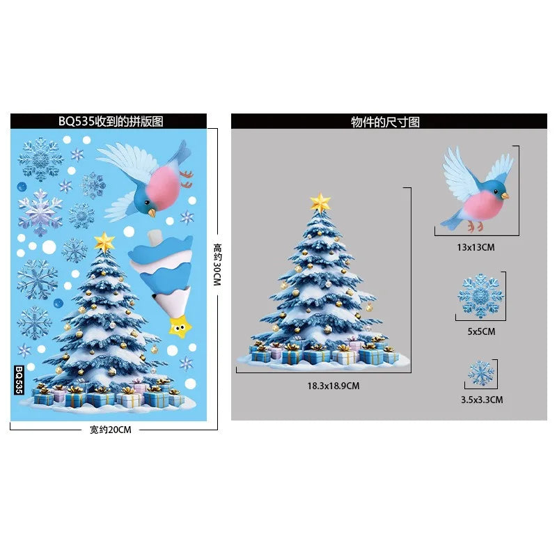 Christmas Blue Snowman Window Stickers Santa Claus Bird Snowflake Elk Ornaments Merry Christmas 2025 Happy New Year 2026