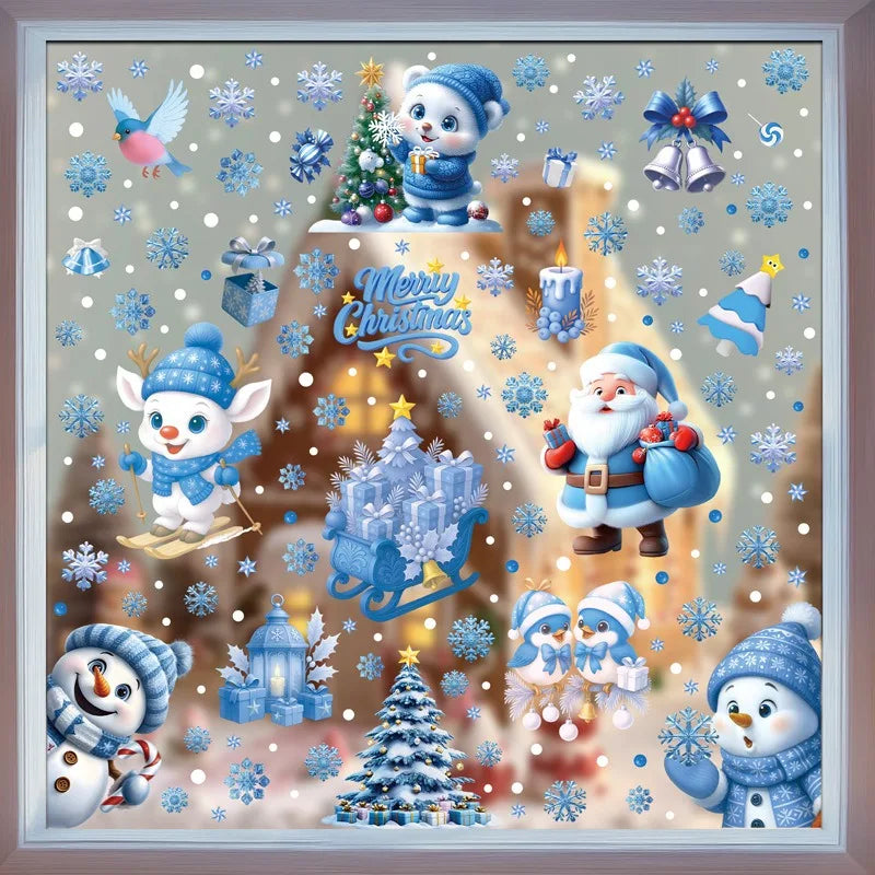 Christmas Blue Snowman Window Stickers Santa Claus Bird Snowflake Elk Ornaments Merry Christmas 2025 Happy New Year 2026