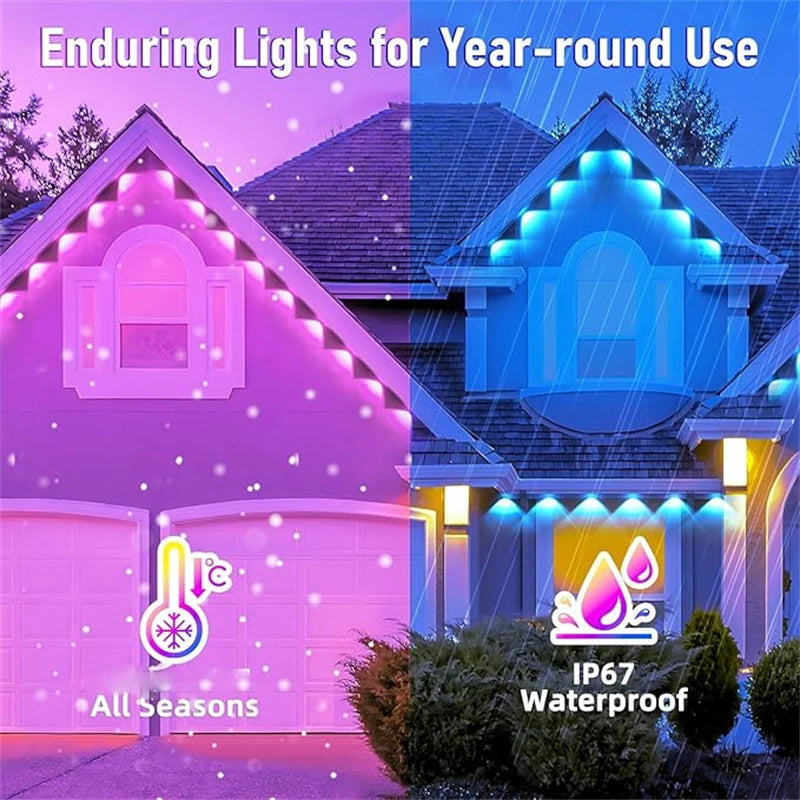 Guirlande lumineuse LED RGB intelligente de 60 m pour avant-toit, application et télécommande, IP67, éclairage extérieur permanent pour la maison, les fêtes de fin d'année, Noël, les anniversaires, etc. - Idéale pour