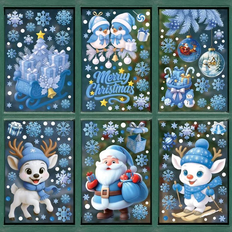 Christmas Blue Snowman Window Stickers Santa Claus Bird Snowflake Elk Ornaments Merry Christmas 2025 Happy New Year 2026