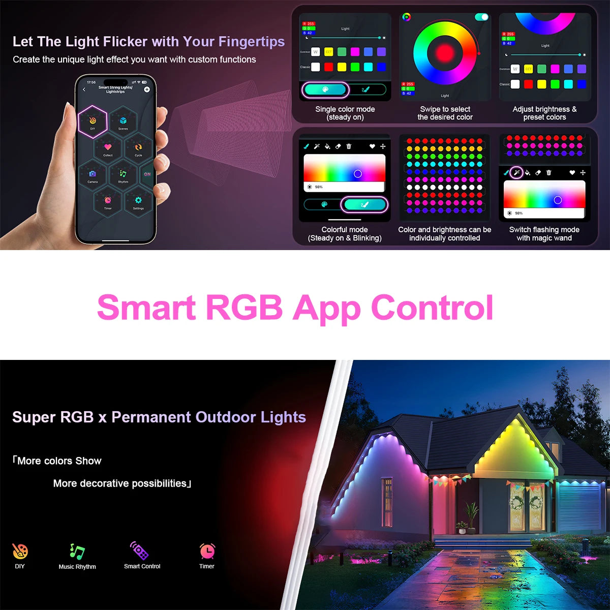 Guirlande lumineuse LED RGB intelligente de 60 m pour avant-toit, application et télécommande, IP67, éclairage extérieur permanent pour la maison, les fêtes de fin d'année, Noël, les anniversaires, etc. - Idéale pour