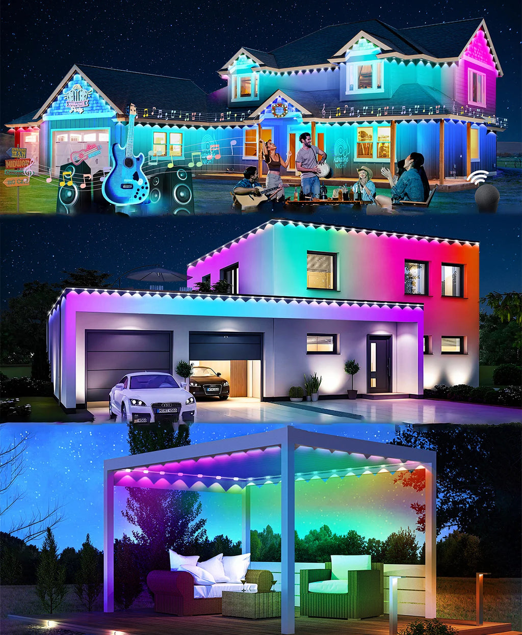 Guirlande lumineuse LED RGB intelligente de 60 m pour avant-toit, application et télécommande, IP67, éclairage extérieur permanent pour la maison, les fêtes de fin d'année, Noël, les anniversaires, etc. - Idéale pour
