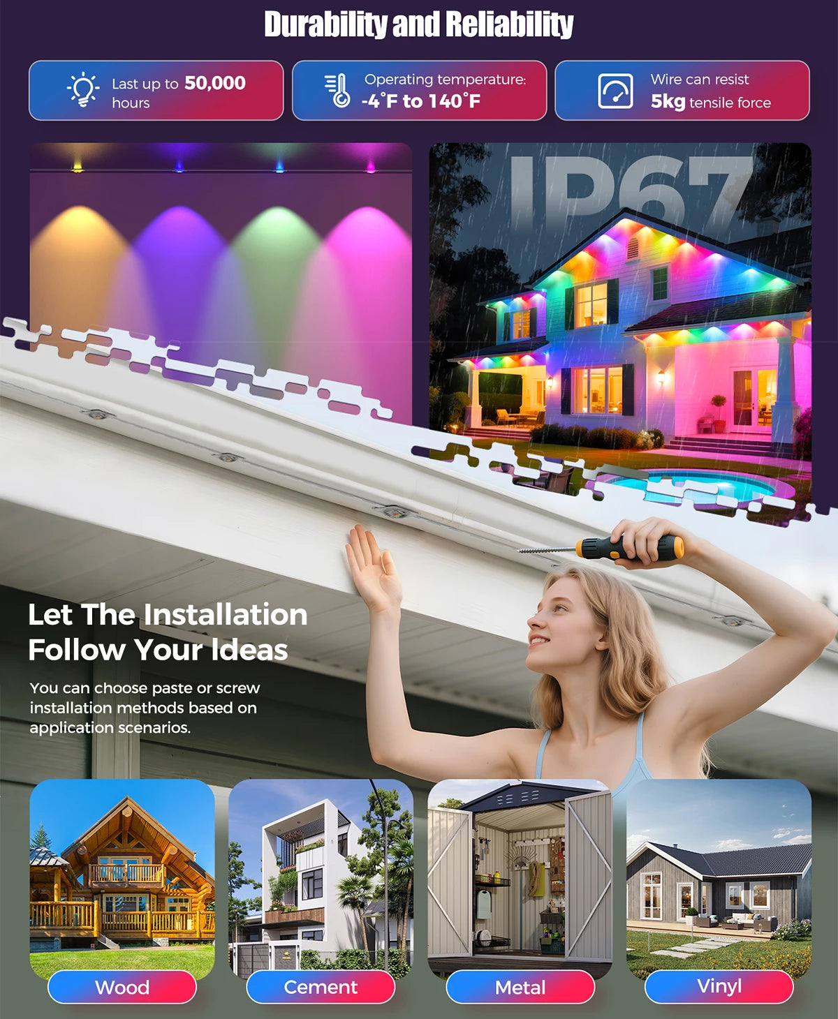 Guirlande lumineuse LED RGB intelligente de 60 m pour avant-toit, application et télécommande, IP67, éclairage extérieur permanent pour la maison, les fêtes de fin d'année, Noël, les anniversaires, etc. - Idéale pour