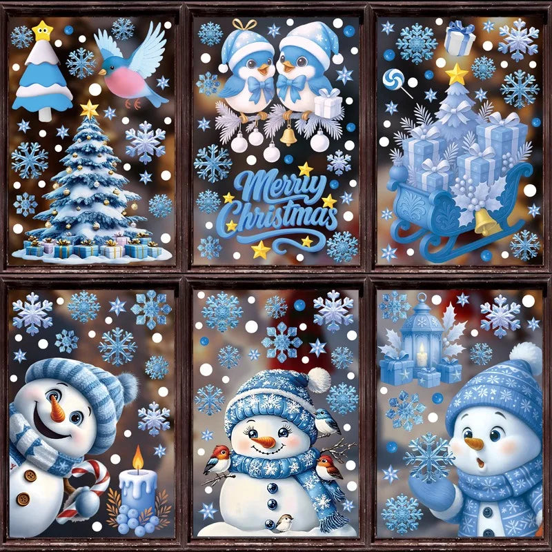 Christmas Blue Snowman Window Stickers Santa Claus Bird Snowflake Elk Ornaments Merry Christmas 2025 Happy New Year 2026