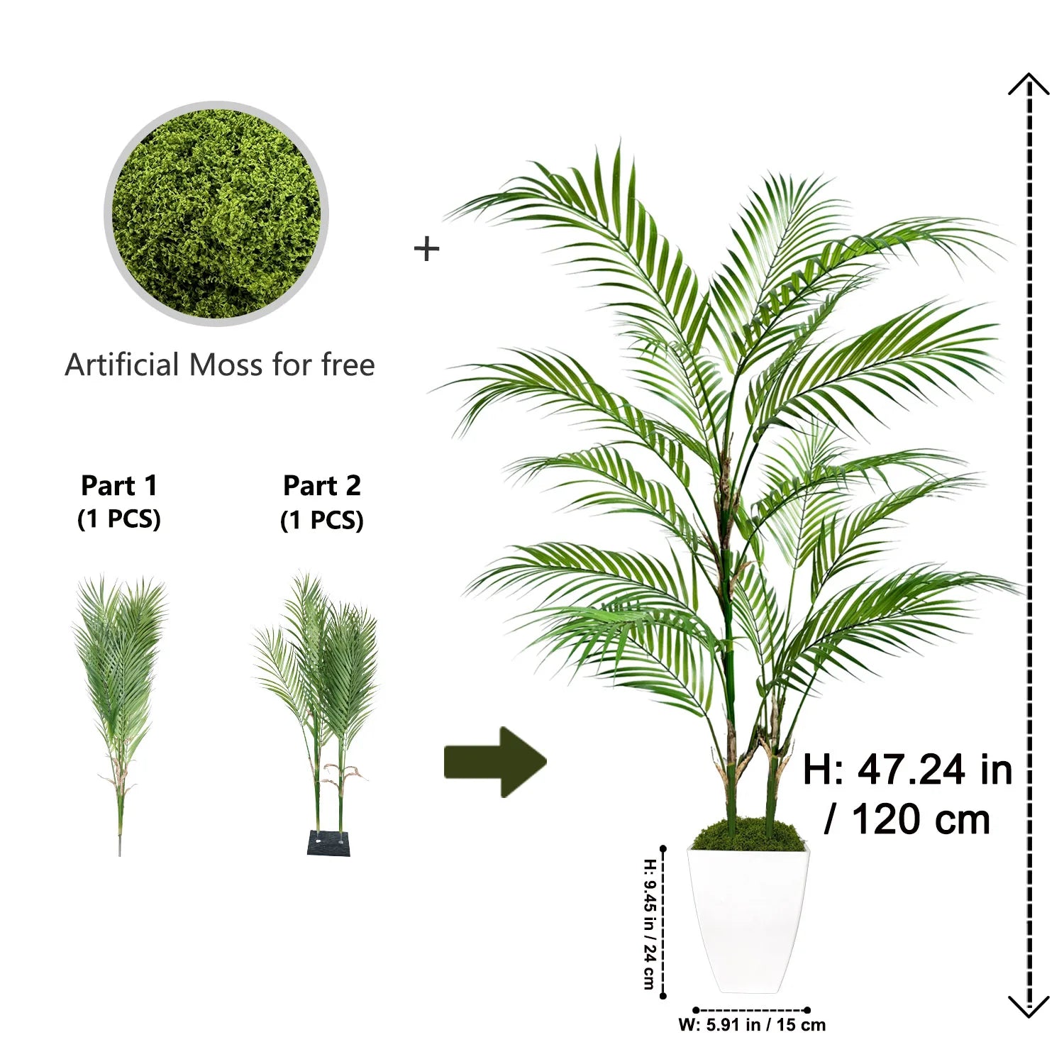 Branche de palmier artificielle de 80 à 190 cm avec pot en plastique, décoration d'intérieur et d'extérieur pour la maison, le jardin, la chambre ou un magasin.
