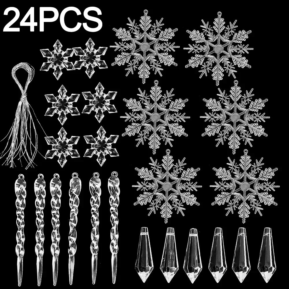 Lot de 24/5 pendentifs en forme de flocon de neige et de stalactite en acrylique transparent, décorations à suspendre pour sapin de Noël, fêtes de fin d'année et décoration intérieure.