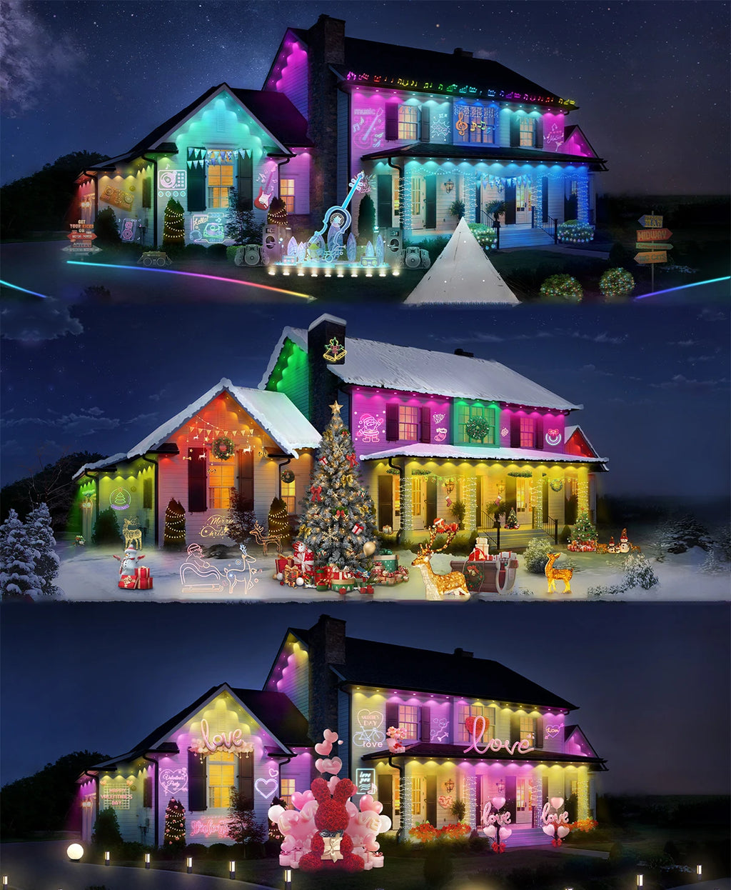 Guirlande lumineuse LED RGB intelligente de 60 m pour avant-toit, application et télécommande, IP67, éclairage extérieur permanent pour la maison, les fêtes de fin d'année, Noël, les anniversaires, etc. - Idéale pour