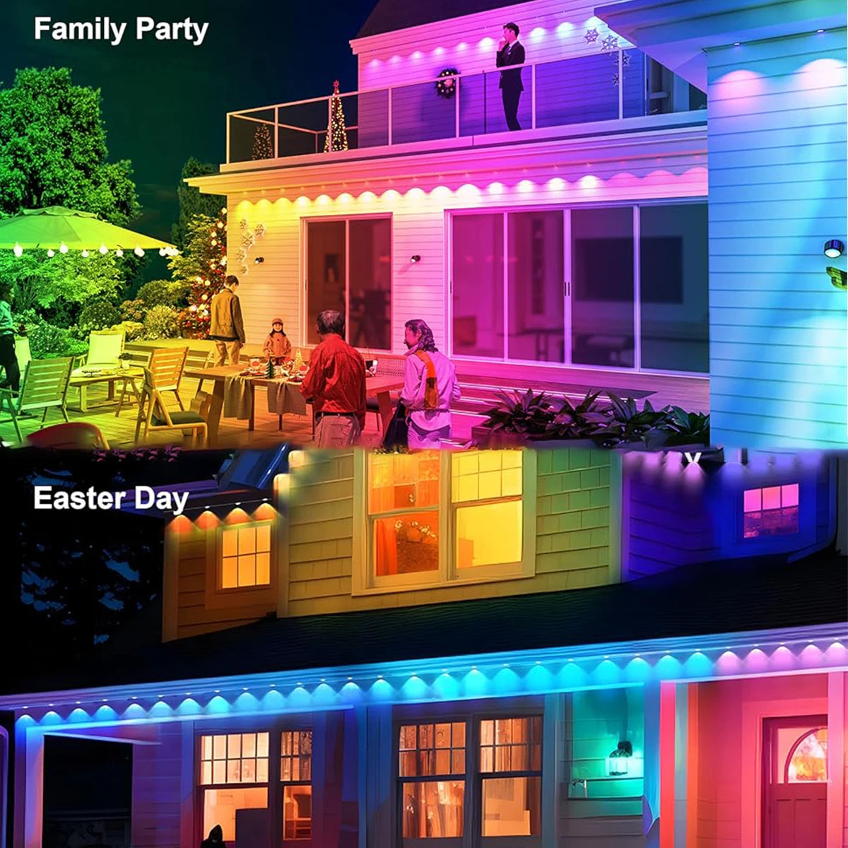 Guirlande lumineuse LED RGB intelligente de 60 m pour avant-toit, application et télécommande, IP67, éclairage extérieur permanent pour la maison, les fêtes de fin d'année, Noël, les anniversaires, etc. - Idéale pour