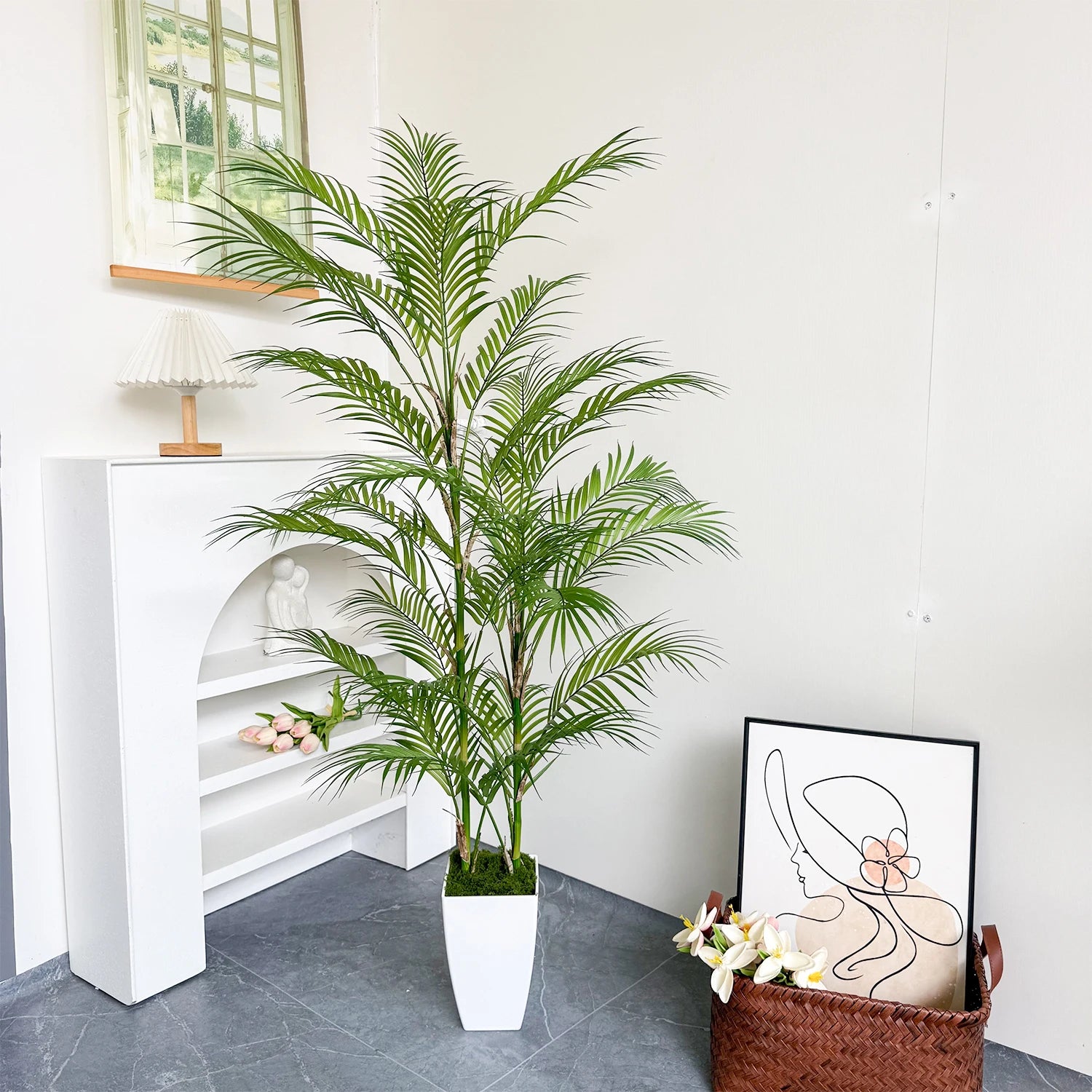 Branche de palmier artificielle de 80 à 190 cm avec pot en plastique, décoration d'intérieur et d'extérieur pour la maison, le jardin, la chambre ou un magasin.