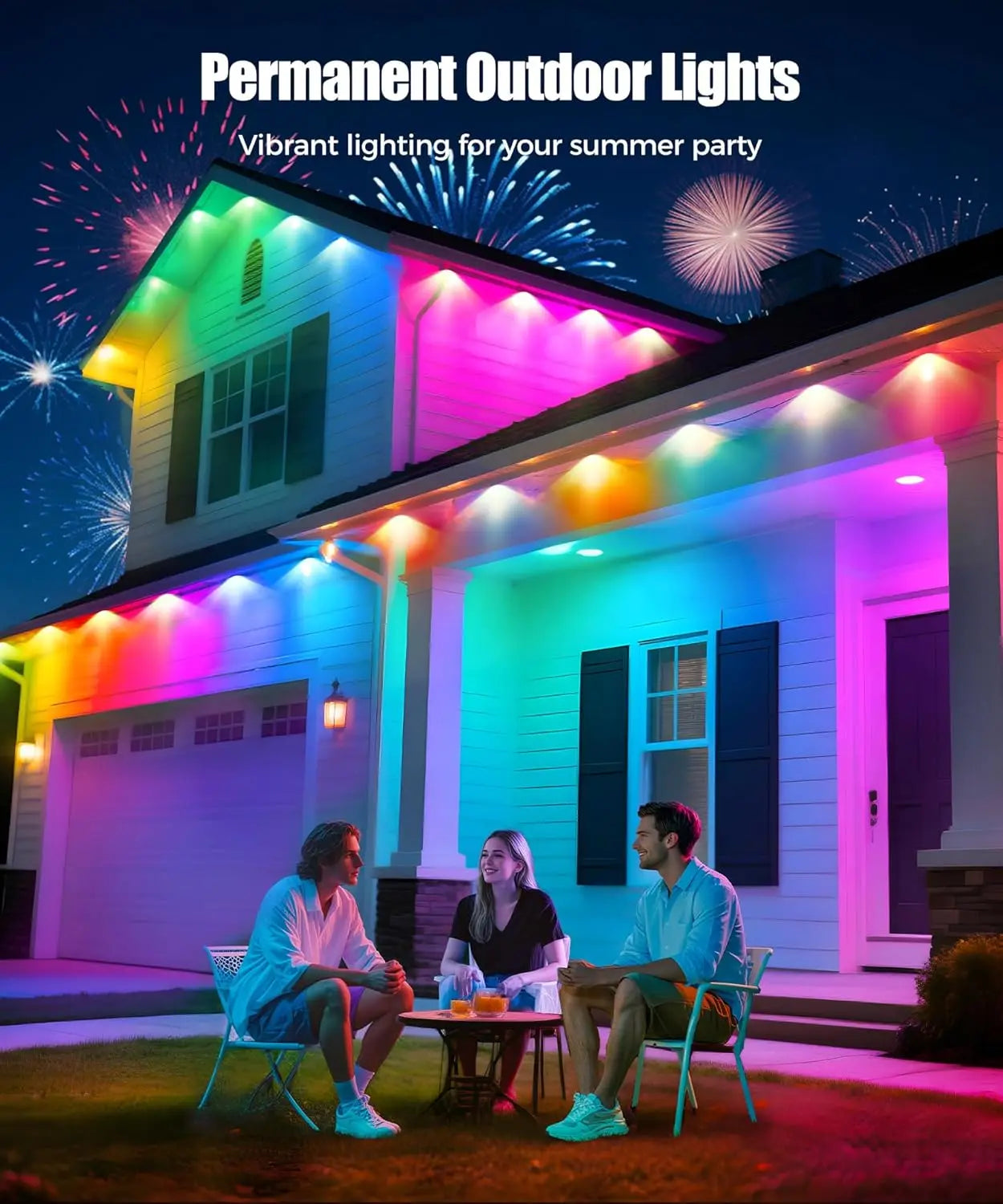 Guirlande lumineuse LED RGB intelligente de 60 m pour avant-toit, application et télécommande, IP67, éclairage extérieur permanent pour la maison, les fêtes de fin d'année, Noël, les anniversaires, etc. - Idéale pour