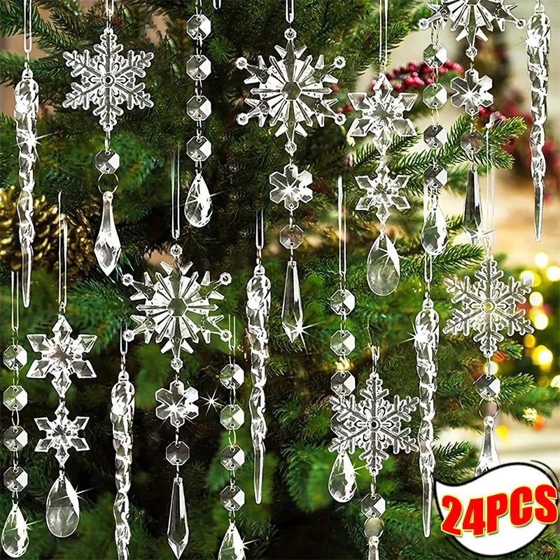 Lot de 24/5 pendentifs en forme de flocon de neige et de stalactite en acrylique transparent, décorations à suspendre pour sapin de Noël, fêtes de fin d'année et décoration intérieure.