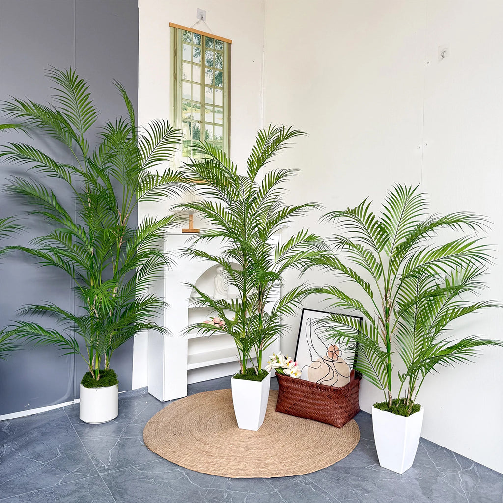 Branche de palmier artificielle de 80 à 190 cm avec pot en plastique, décoration d'intérieur et d'extérieur pour la maison, le jardin, la chambre ou un magasin.