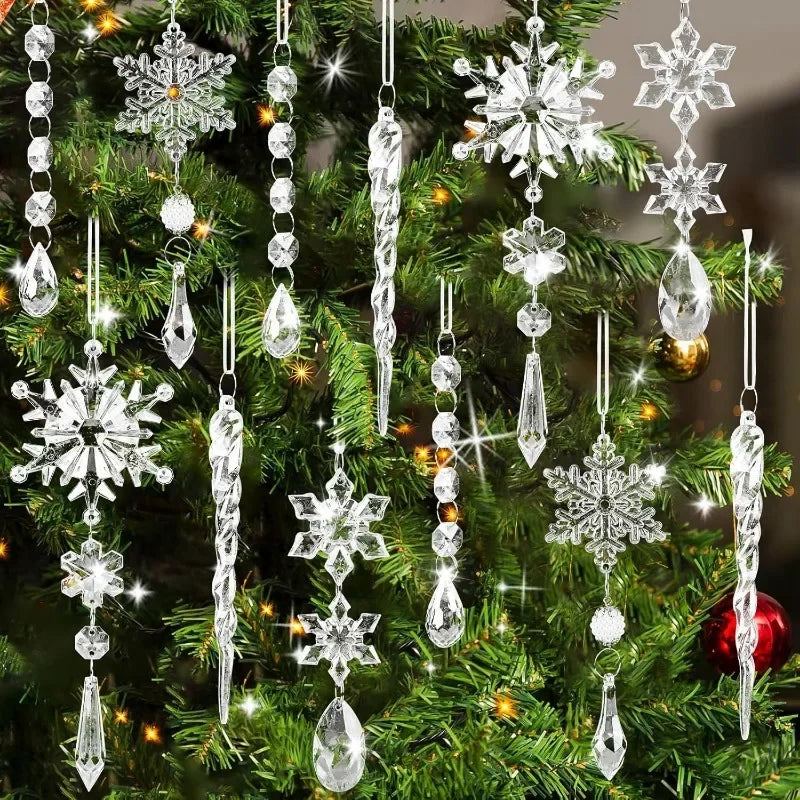 Lot de 24/5 pendentifs en forme de flocon de neige et de stalactite en acrylique transparent, décorations à suspendre pour sapin de Noël, fêtes de fin d'année et décoration intérieure.