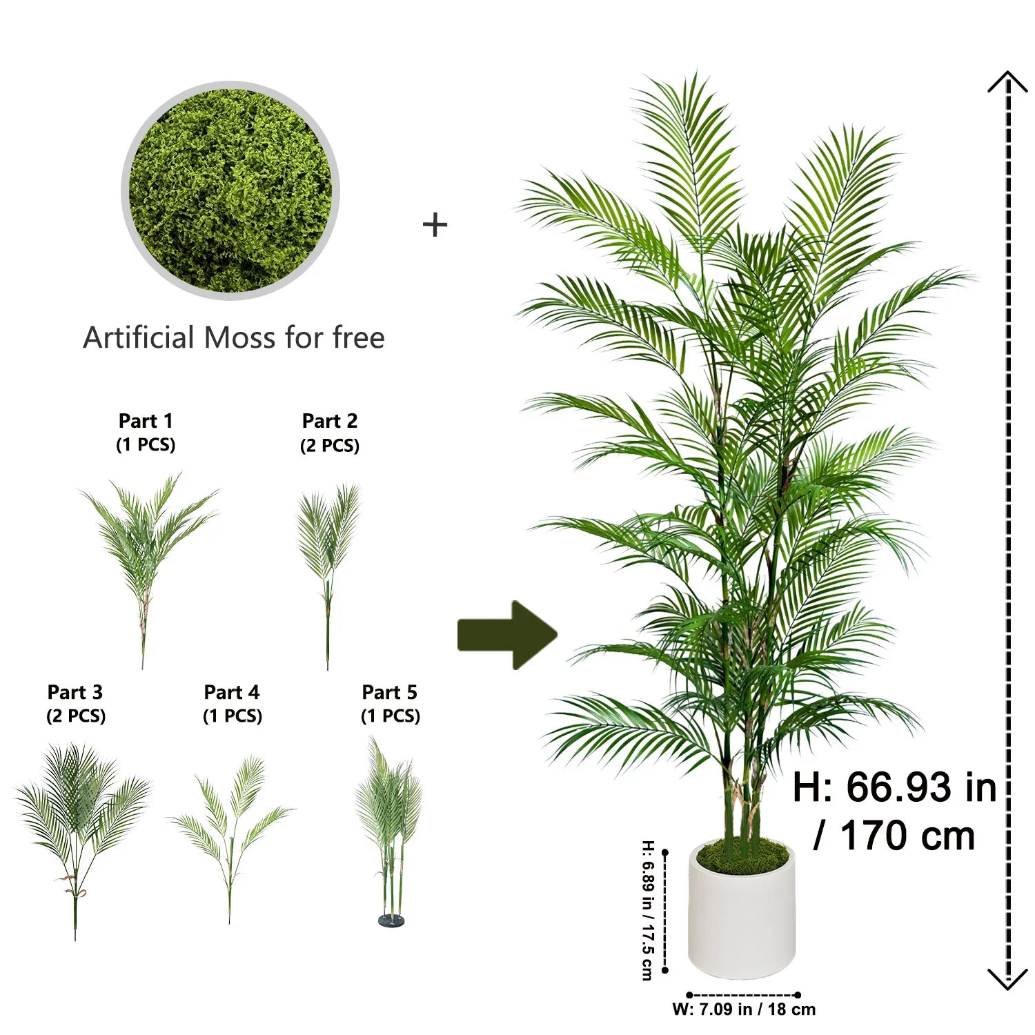 Branche de palmier artificielle de 80 à 190 cm avec pot en plastique, décoration d'intérieur et d'extérieur pour la maison, le jardin, la chambre ou un magasin.