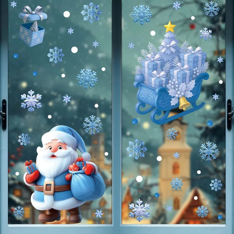 Christmas Blue Snowman Window Stickers Santa Claus Bird Snowflake Elk Ornaments Merry Christmas 2025 Happy New Year 2026