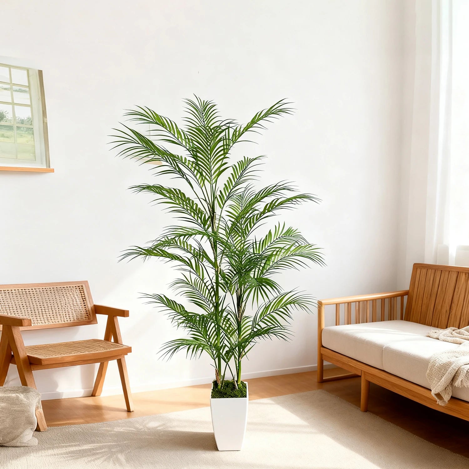 Branche de palmier artificielle de 80 à 190 cm avec pot en plastique, décoration d'intérieur et d'extérieur pour la maison, le jardin, la chambre ou un magasin.