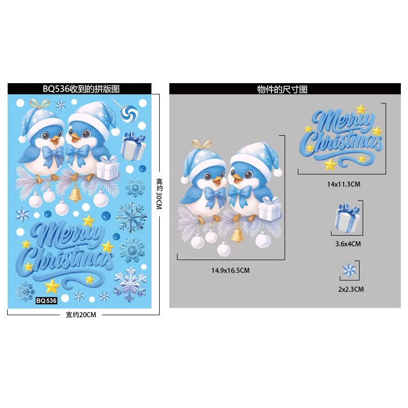 Christmas Blue Snowman Window Stickers Santa Claus Bird Snowflake Elk Ornaments Merry Christmas 2025 Happy New Year 2026