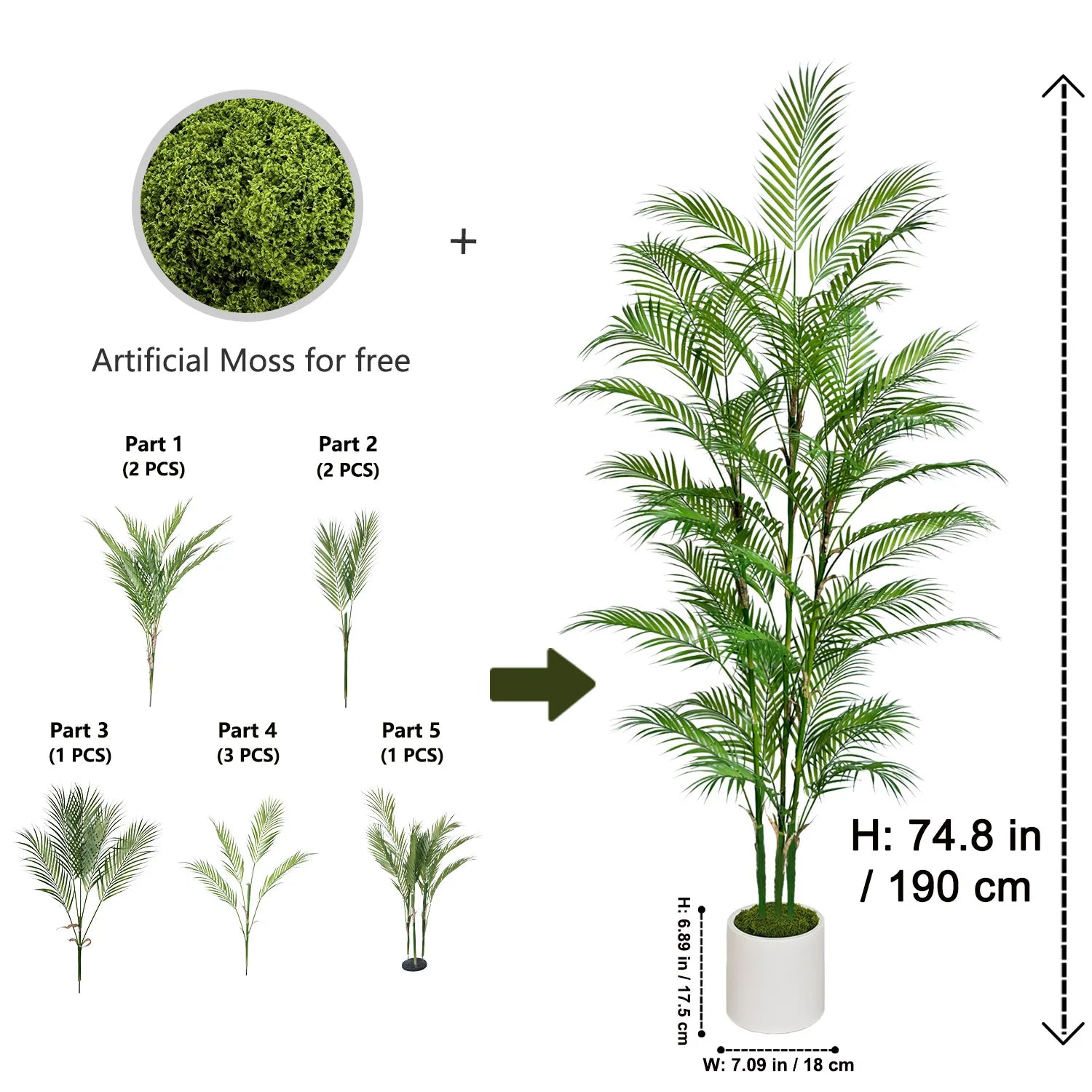 Branche de palmier artificielle de 80 à 190 cm avec pot en plastique, décoration d'intérieur et d'extérieur pour la maison, le jardin, la chambre ou un magasin.