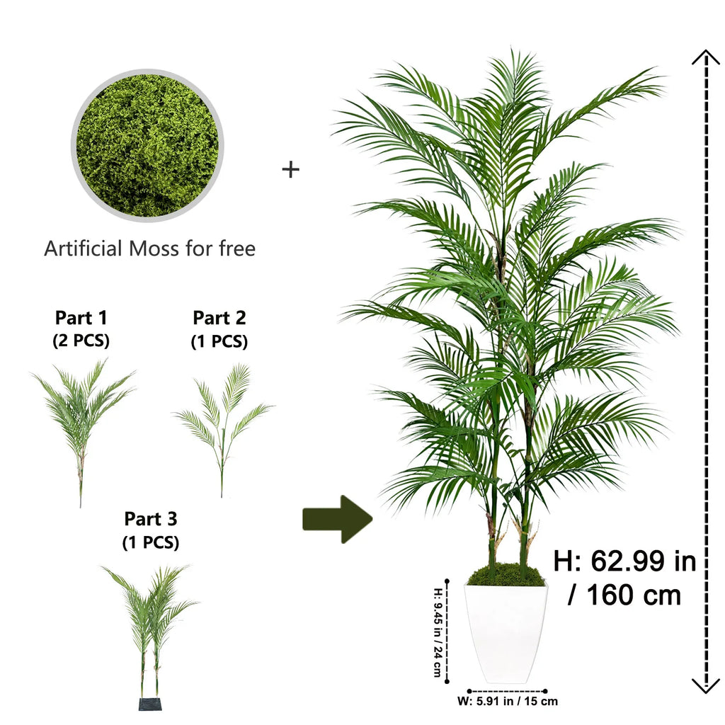 Branche de palmier artificielle de 80 à 190 cm avec pot en plastique, décoration d'intérieur et d'extérieur pour la maison, le jardin, la chambre ou un magasin.