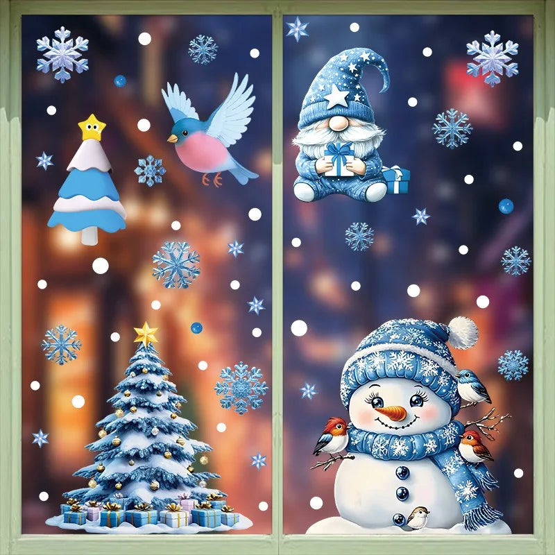 Christmas Blue Snowman Window Stickers Santa Claus Bird Snowflake Elk Ornaments Merry Christmas 2025 Happy New Year 2026
