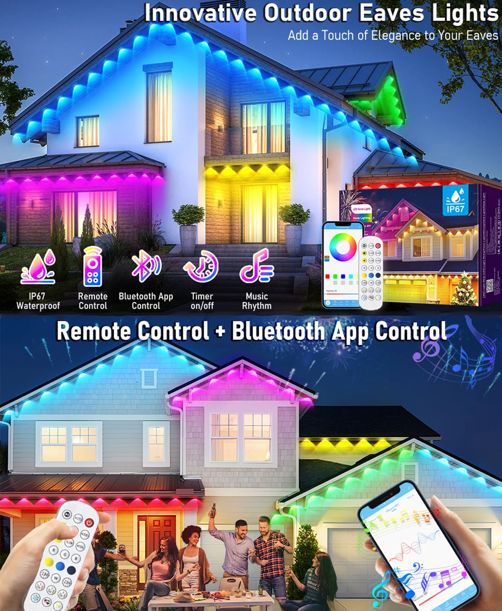 Guirlande lumineuse LED RGB intelligente de 60 m pour avant-toit, application et télécommande, IP67, éclairage extérieur permanent pour la maison, les fêtes de fin d'année, Noël, les anniversaires, etc. - Idéale pour
