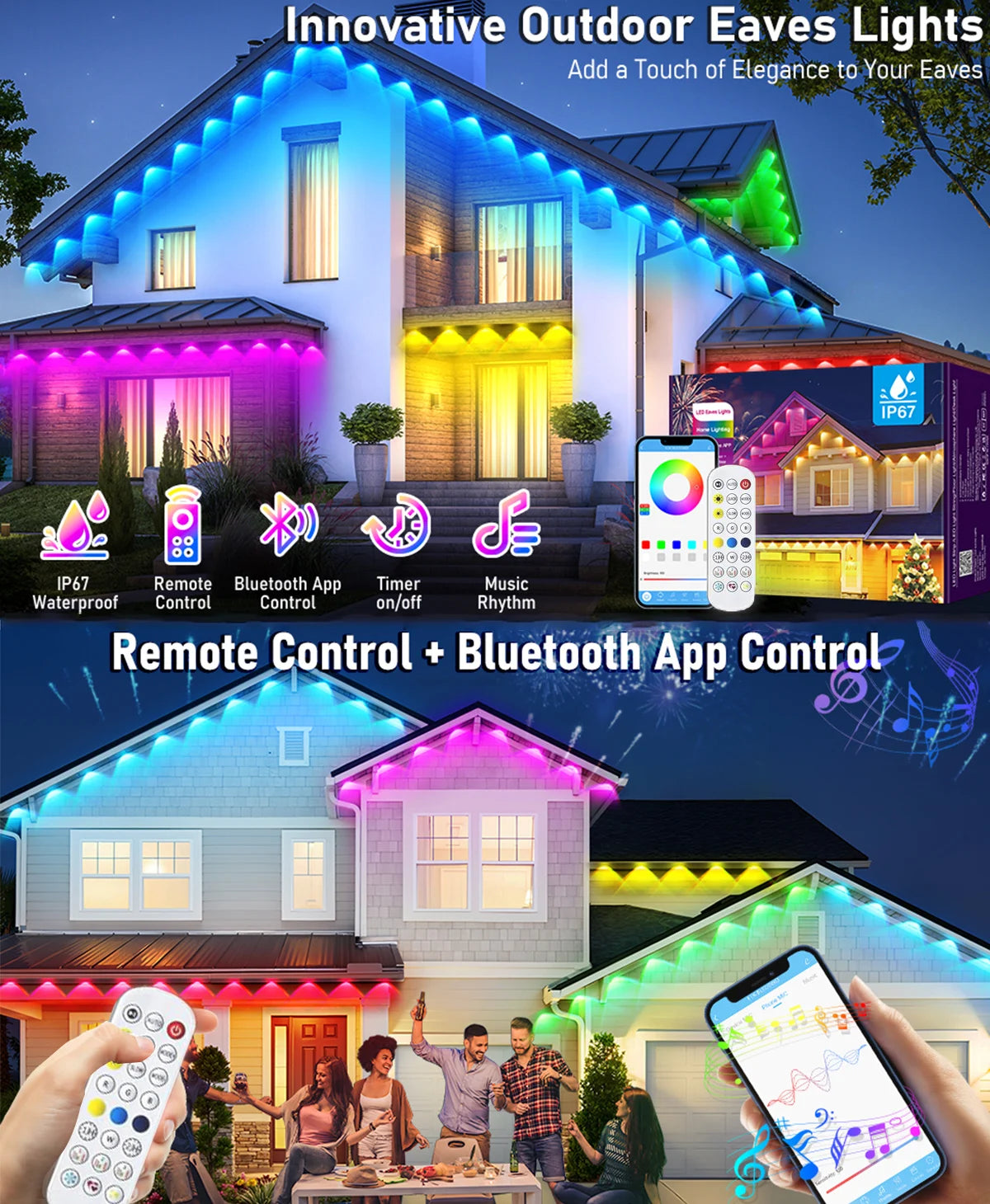 Guirlande lumineuse LED RGB intelligente de 60 m pour avant-toit, application et télécommande, IP67, éclairage extérieur permanent pour la maison, les fêtes de fin d'année, Noël, les anniversaires, etc. - Idéale pour
