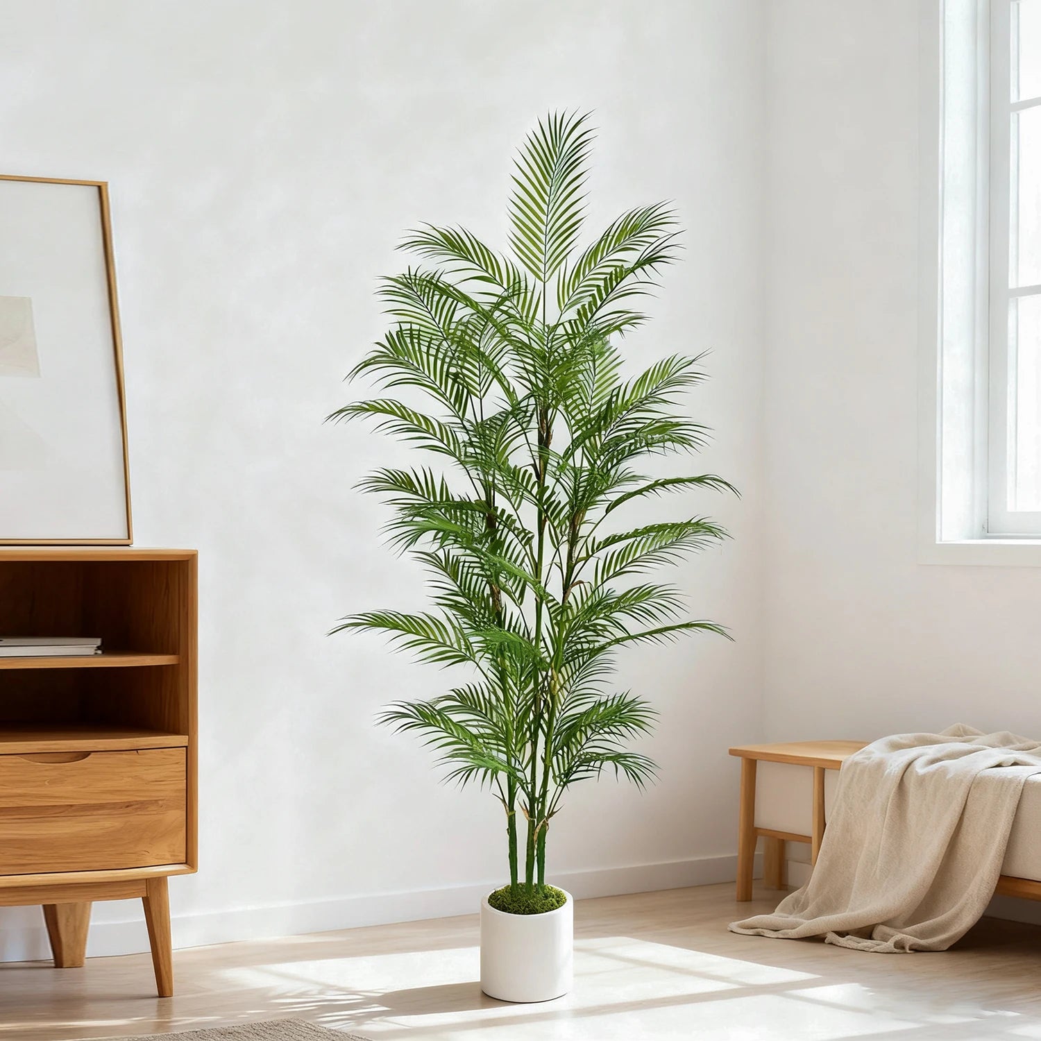Branche de palmier artificielle de 80 à 190 cm avec pot en plastique, décoration d'intérieur et d'extérieur pour la maison, le jardin, la chambre ou un magasin.