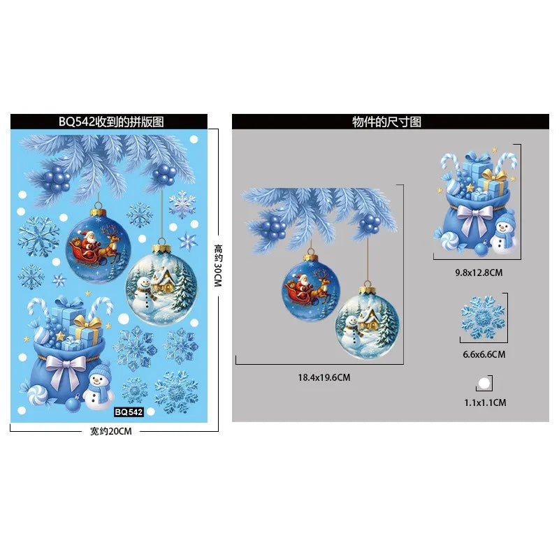 Christmas Blue Snowman Window Stickers Santa Claus Bird Snowflake Elk Ornaments Merry Christmas 2025 Happy New Year 2026