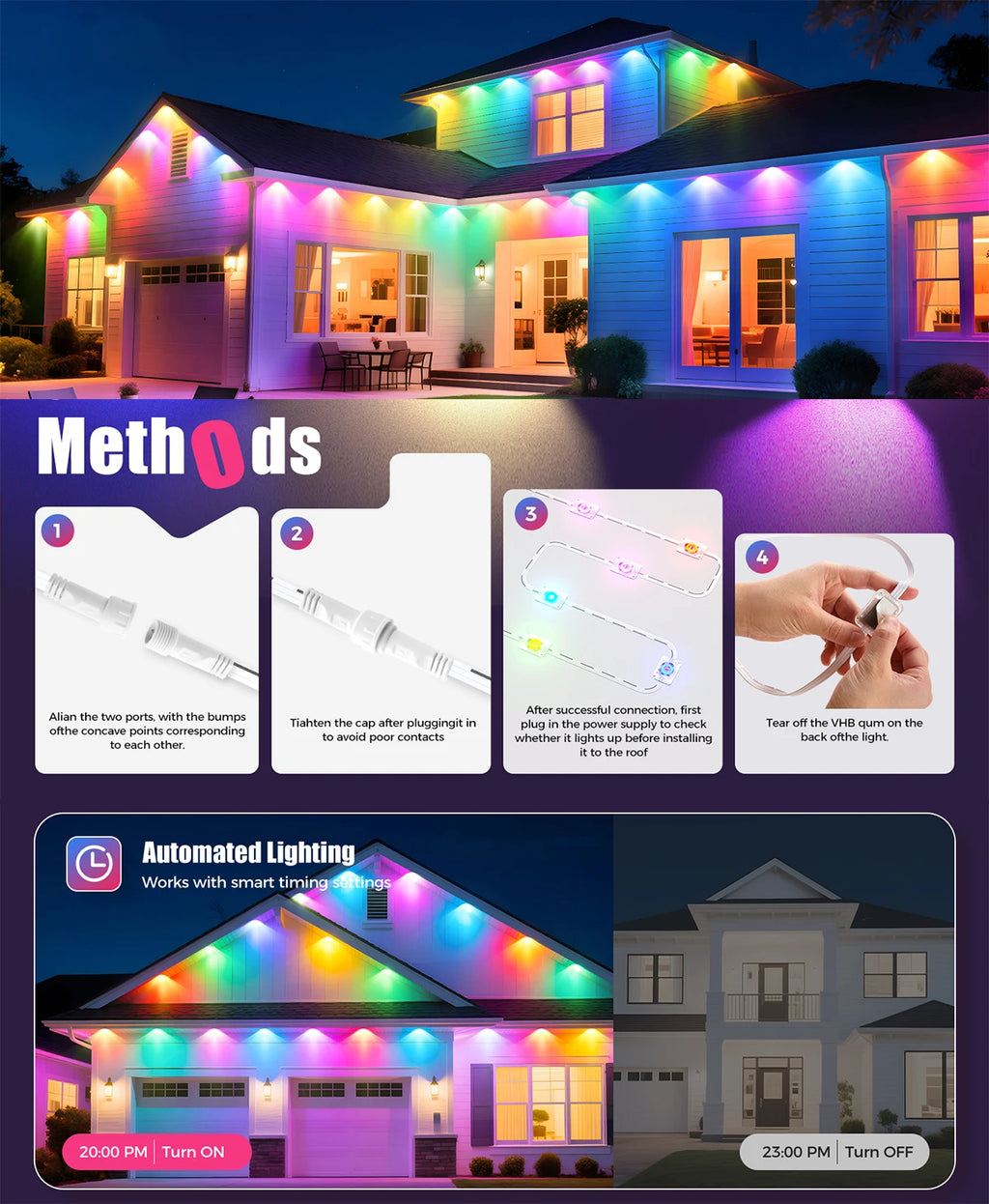 Guirlande lumineuse LED RGB intelligente de 60 m pour avant-toit, application et télécommande, IP67, éclairage extérieur permanent pour la maison, les fêtes de fin d'année, Noël, les anniversaires, etc. - Idéale pour