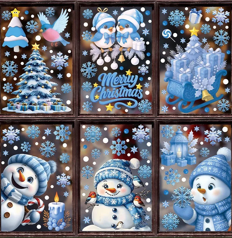 Christmas Blue Snowman Window Stickers Santa Claus Bird Snowflake Elk Ornaments Merry Christmas 2025 Happy New Year 2026